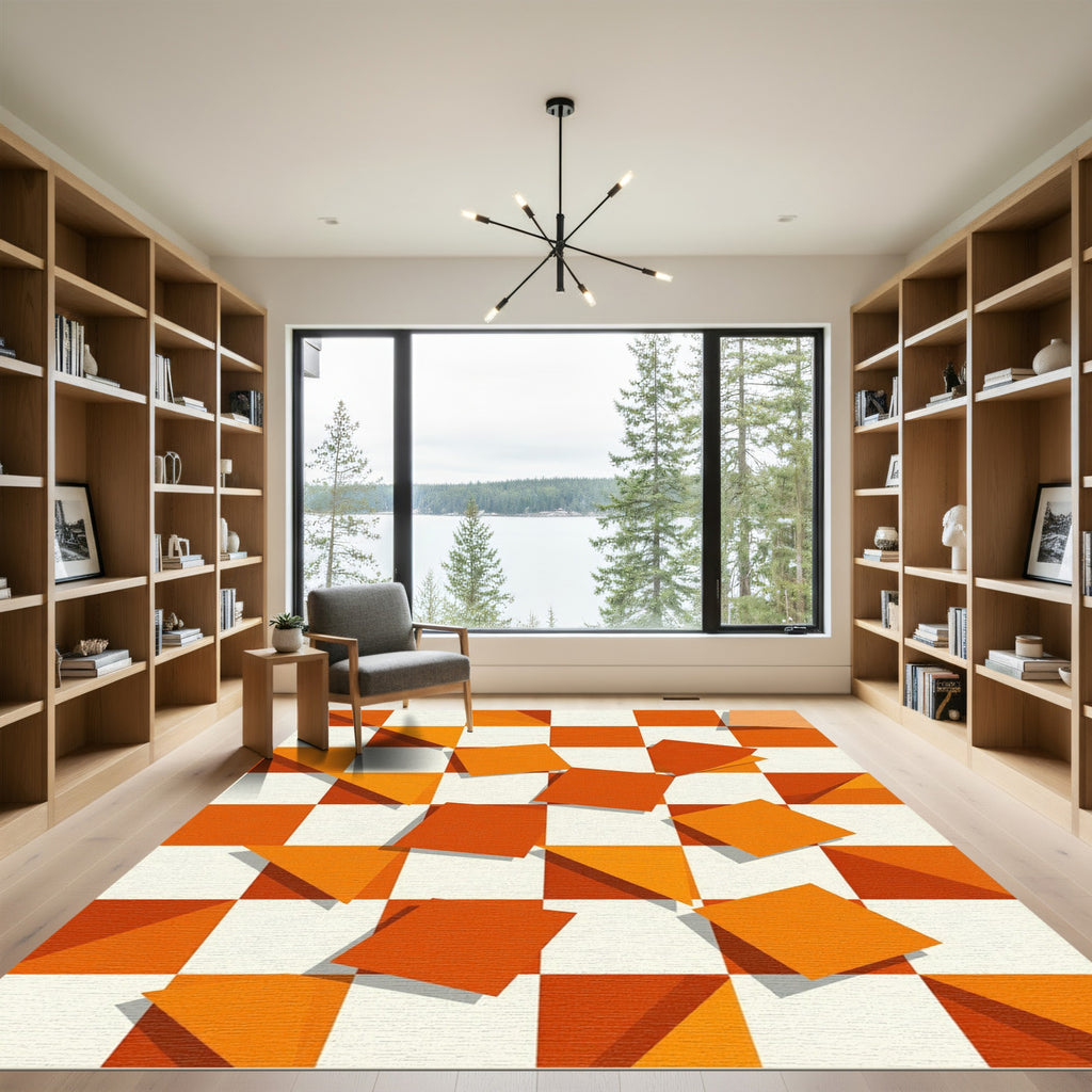 Orange White Floating Squares Chessboard Rug