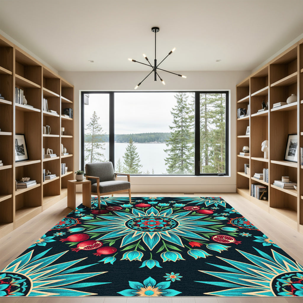 Teal Botanical Pomegranate Floral Medallion Rug