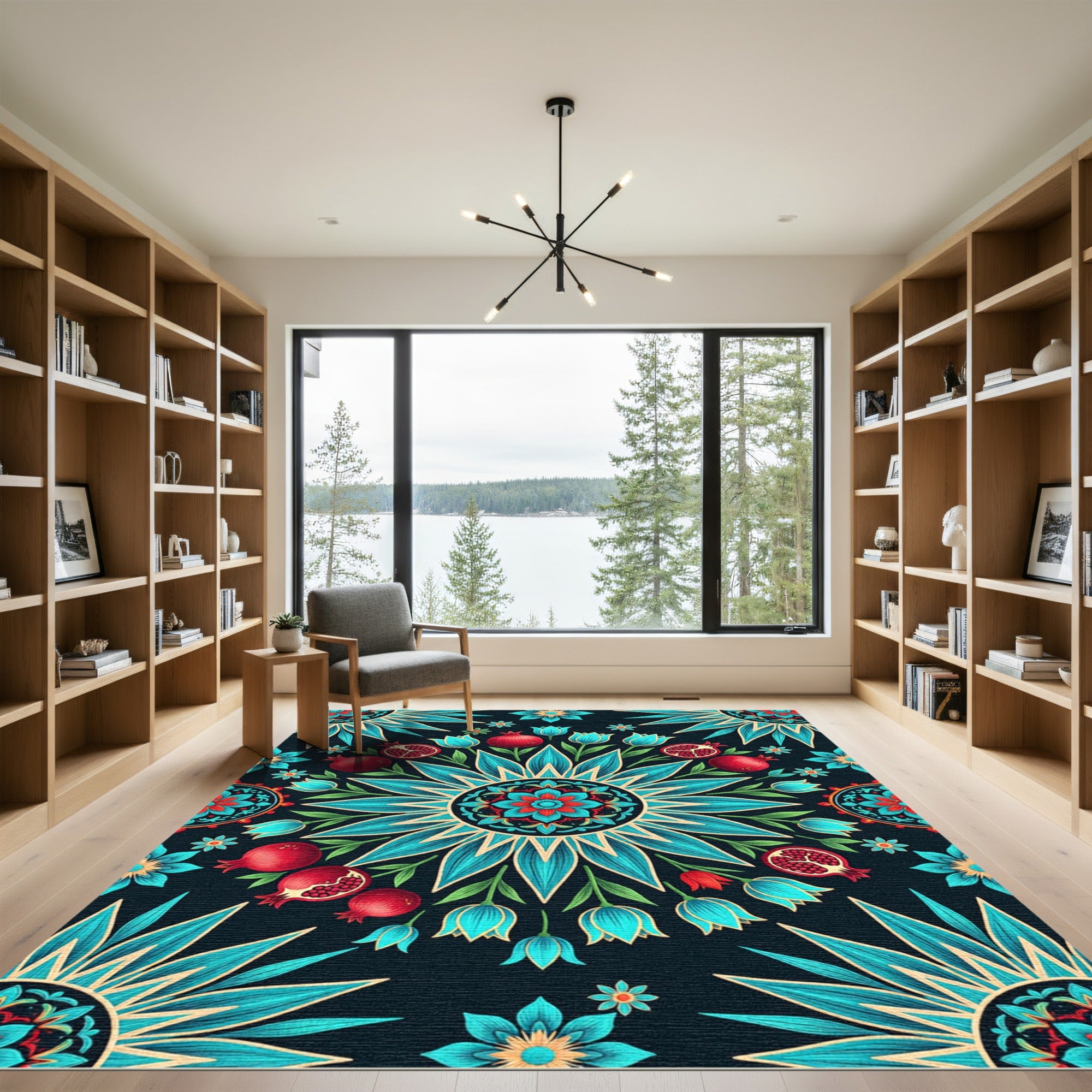 Teal Botanical Pomegranate Floral Medallion Rug