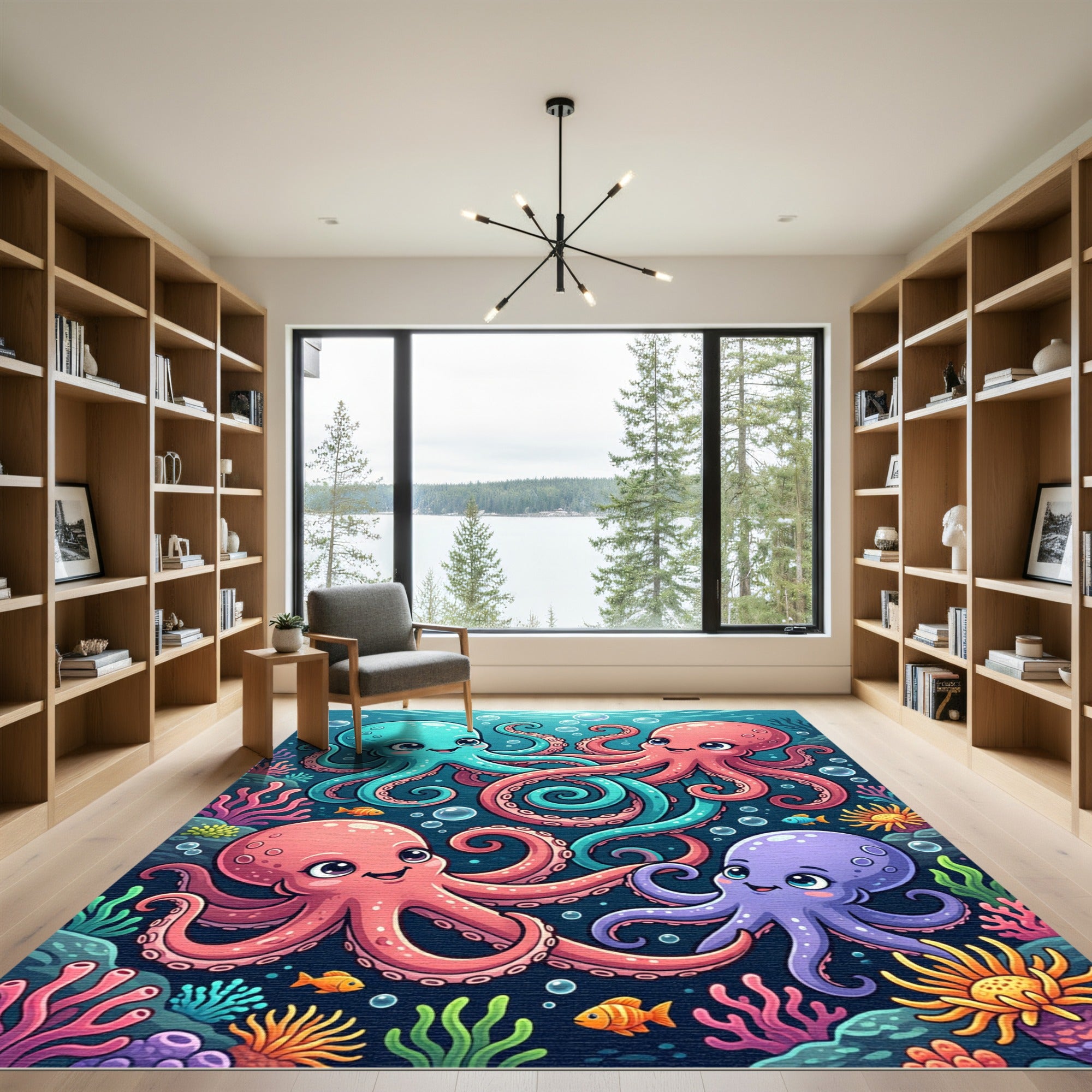 Playful Colorful Octopus Underwater Scene Rug