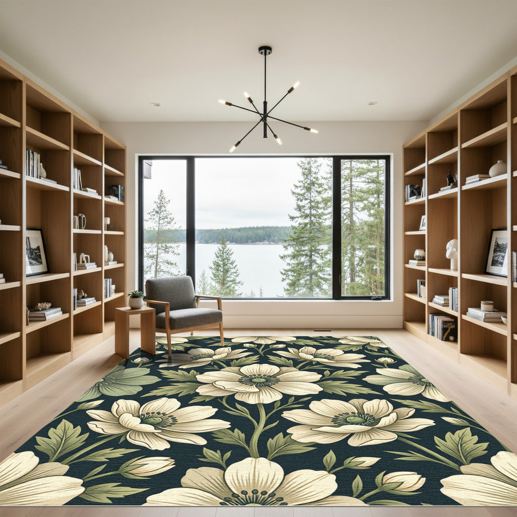 Cream Anemone Botanical Dark Sage Floral Rug