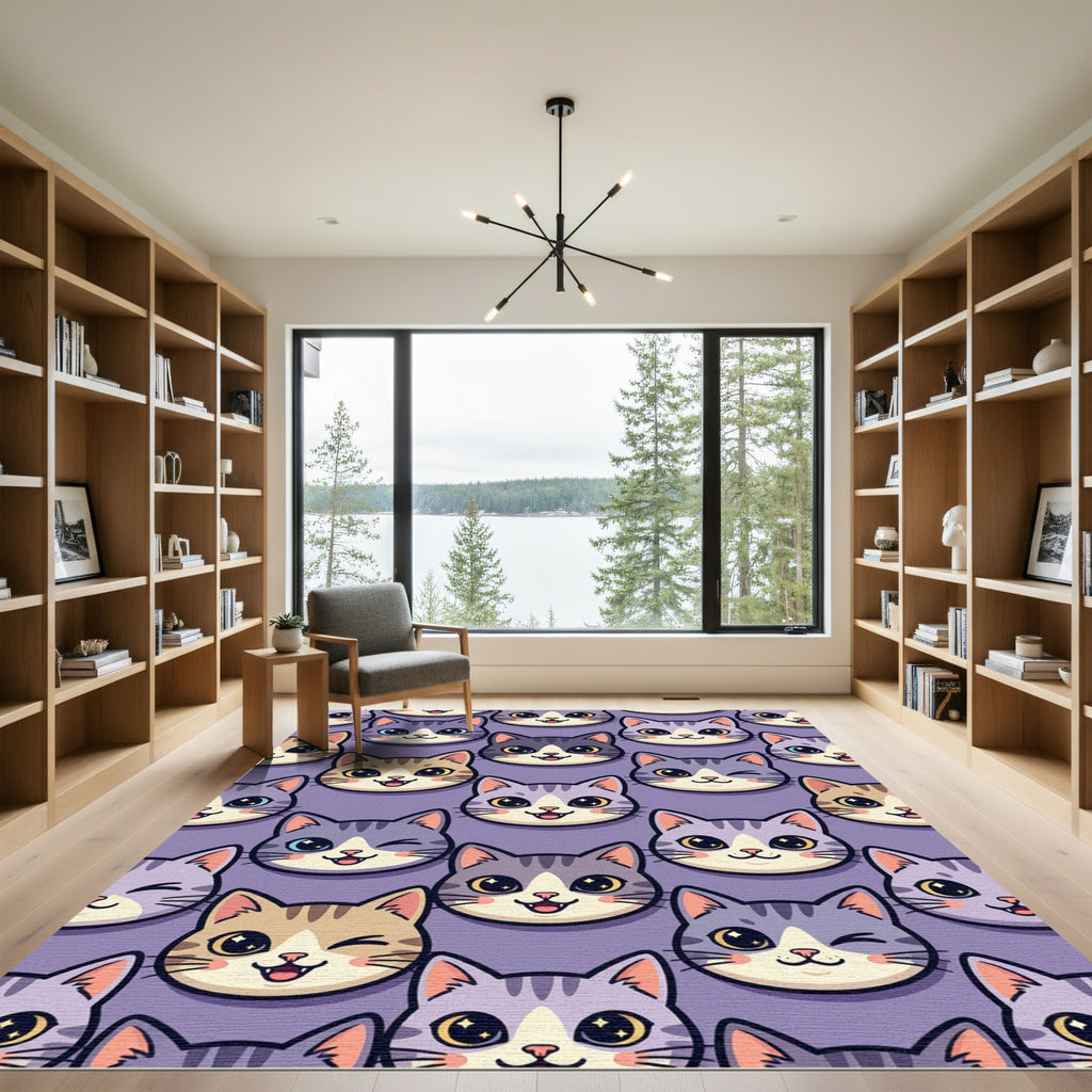 Cute Whimsical Pastel Purple Cat Faces Rug