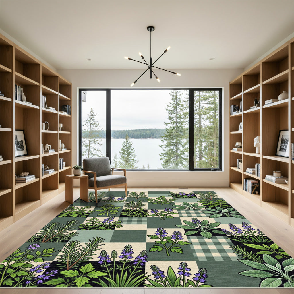 Green Sage Rosemary Flower Tile Rug
