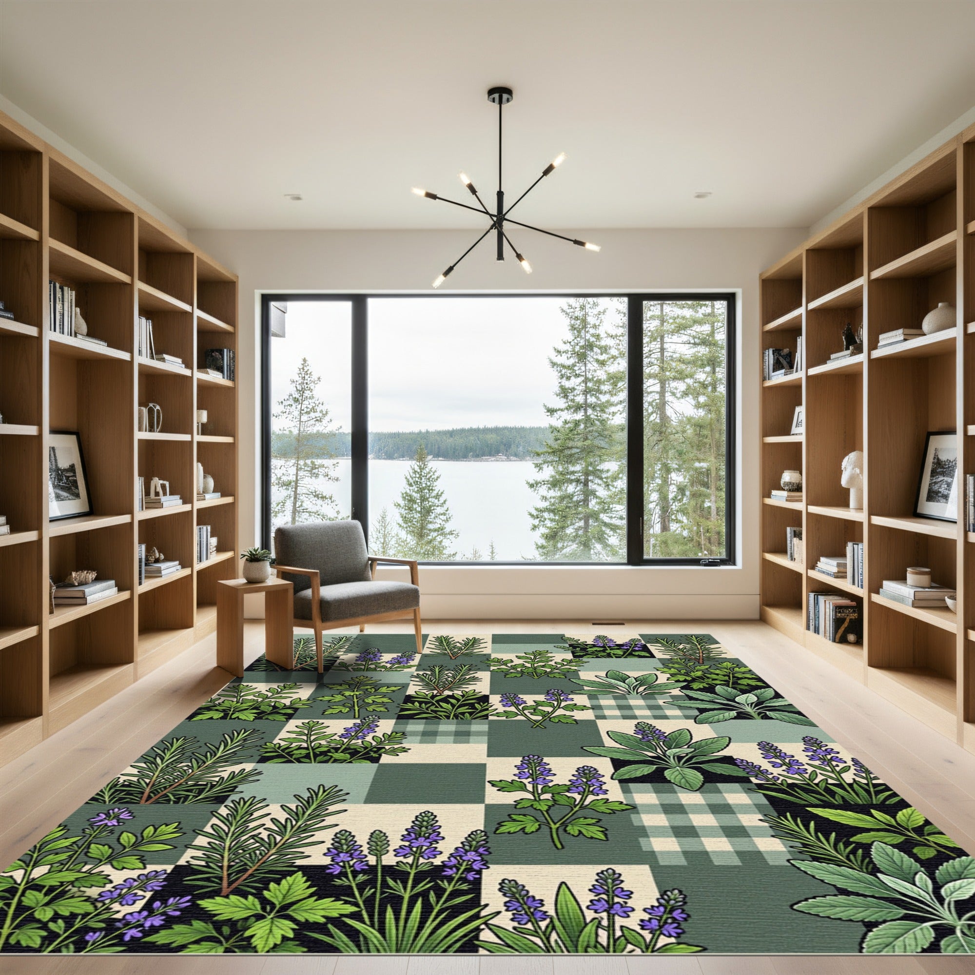 Green Sage Rosemary Flower Tile Rug