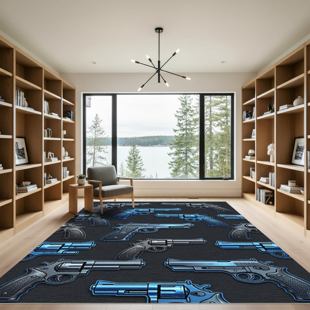 Metallic Blue Revolver Pistol Illustration Rug