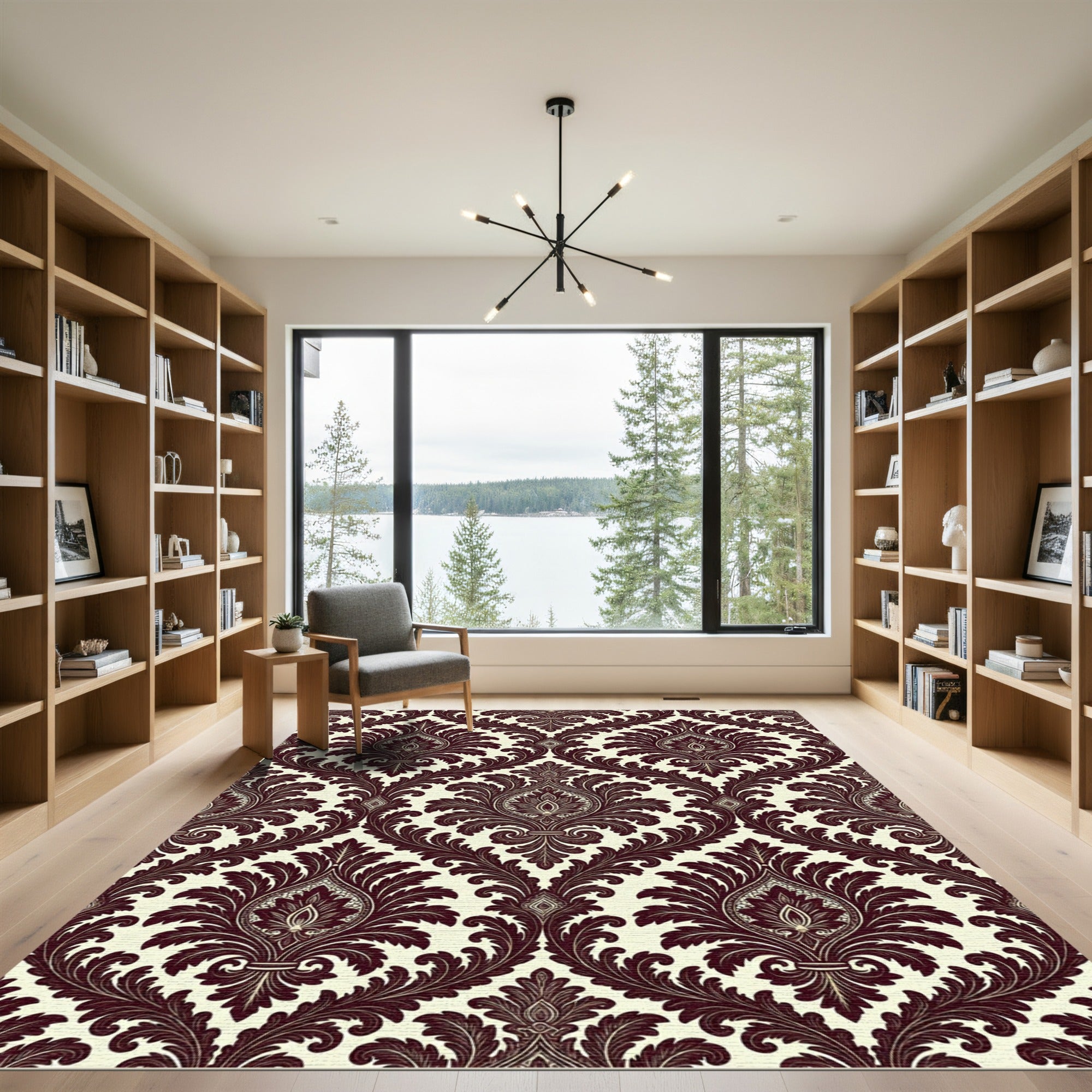 Elegant Burgundy Damask Floral Scroll Rug