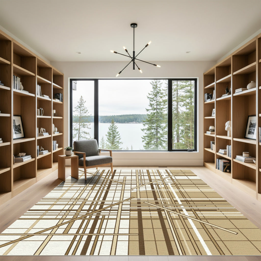 Modern Earthy Geometric Line Grid Rug