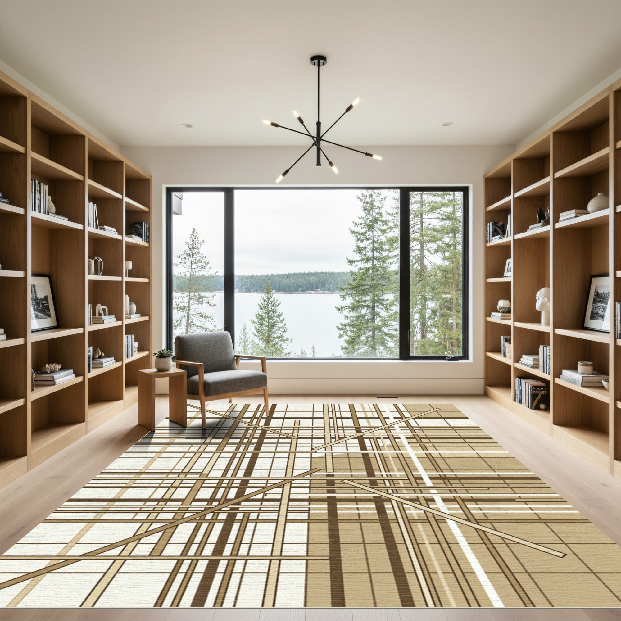 Modern Earthy Geometric Line Grid Rug
