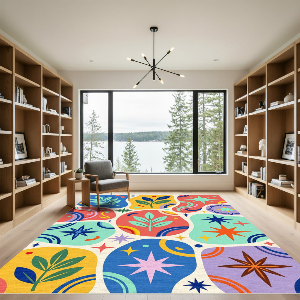 Mid-Century Modern Floral Starburst Pattern Rug