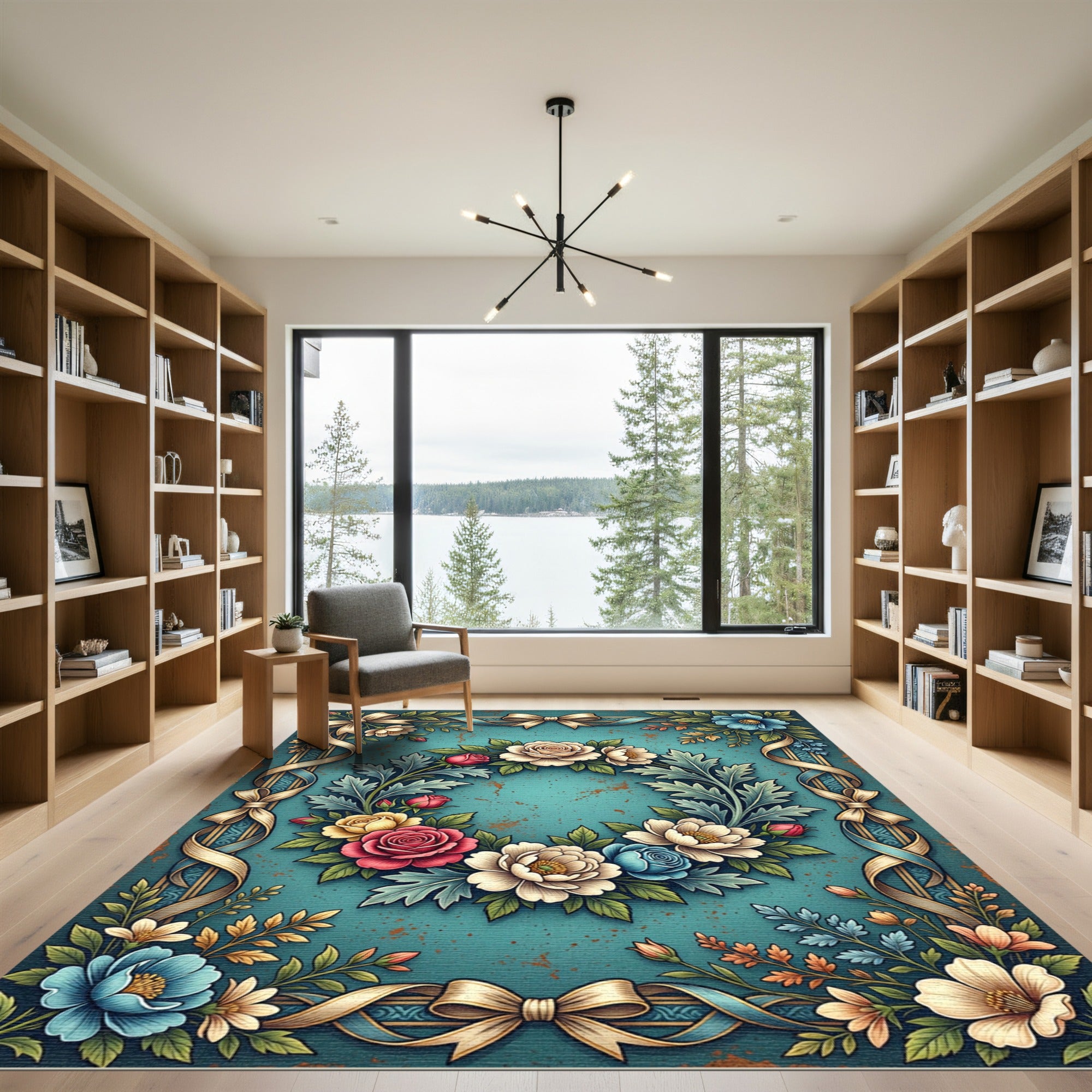 Floral Wreath with Golden Bows Rug