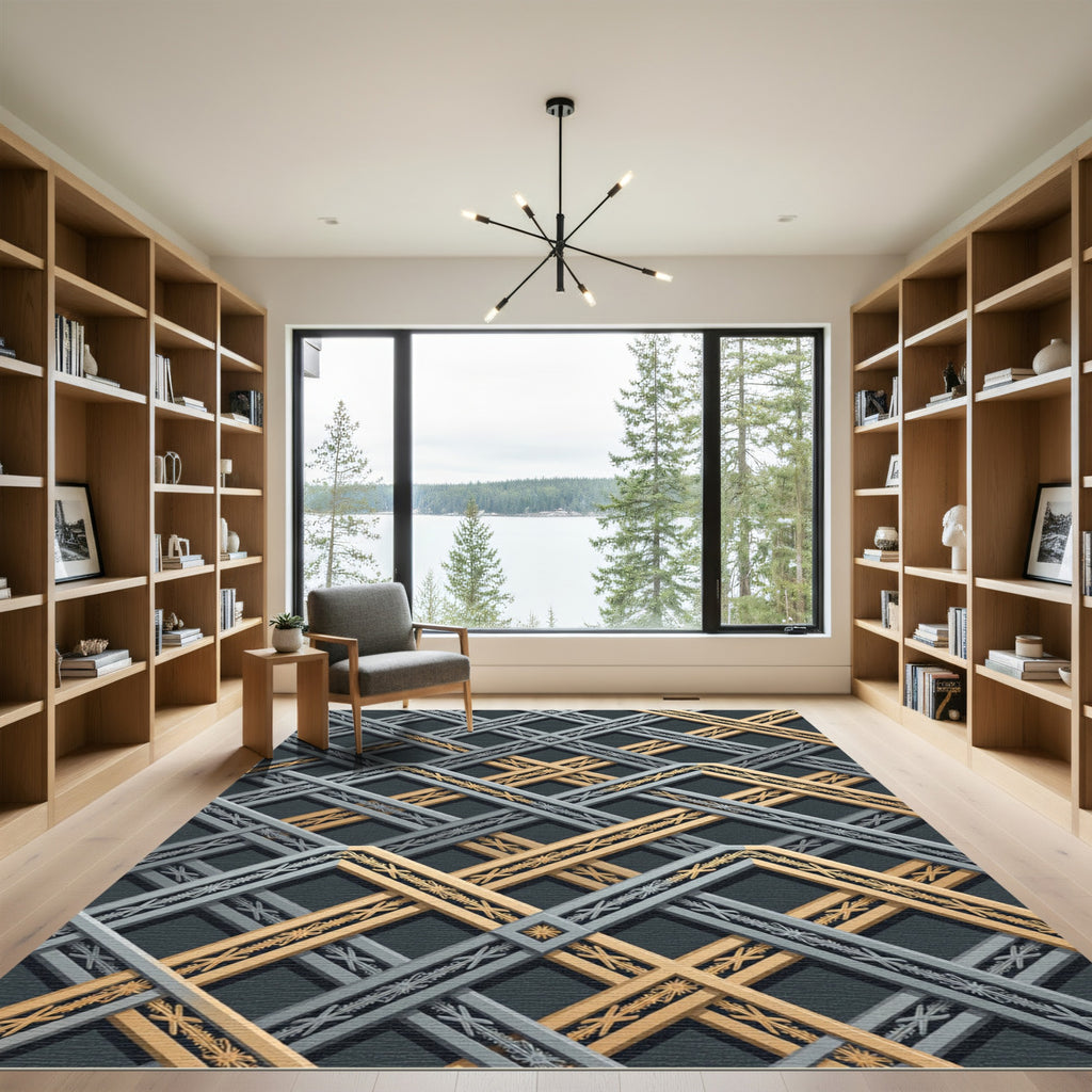Sophisticated Gold and Silver Geometric Lattice Rug