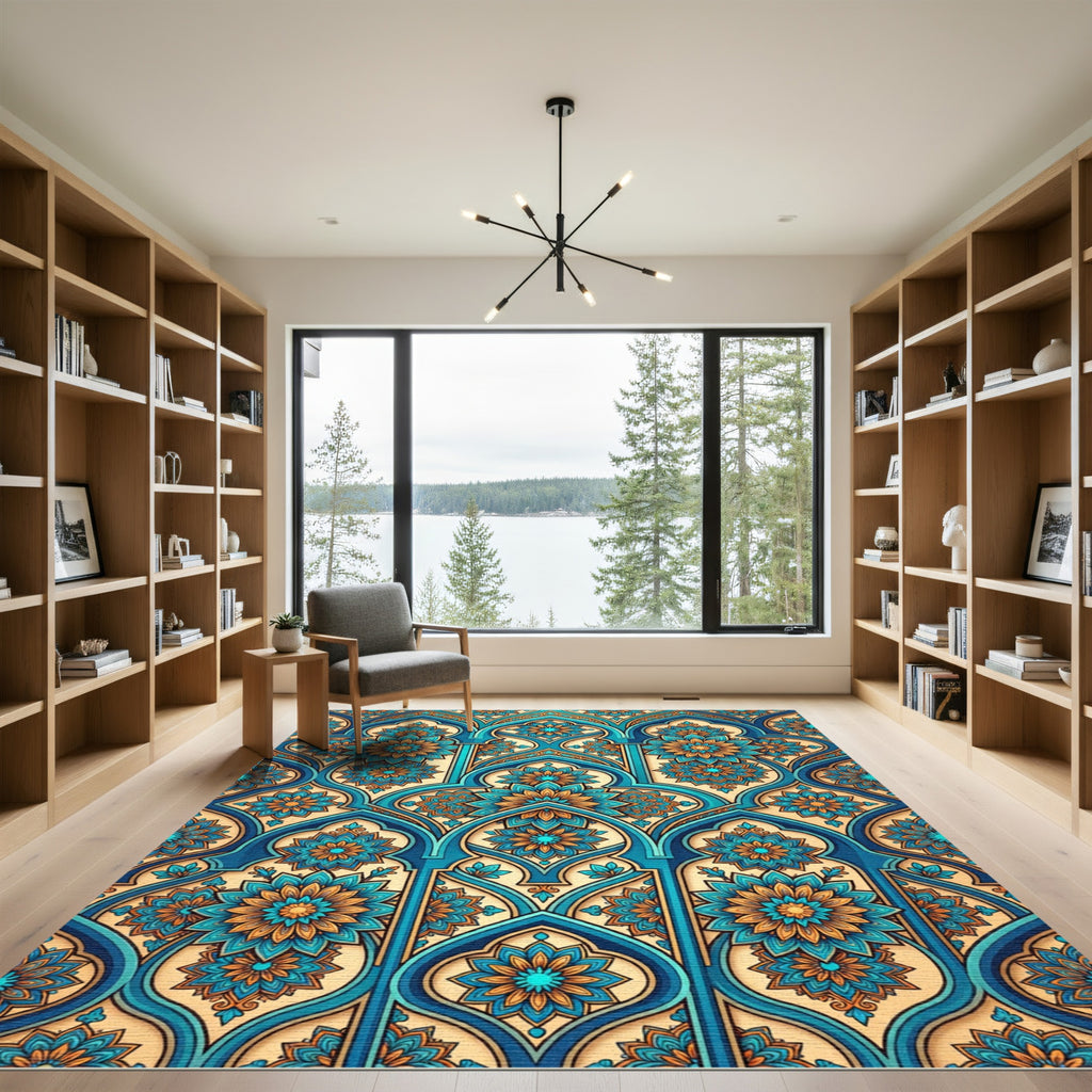 Teal and Gold Intricate Floral Arch Rug