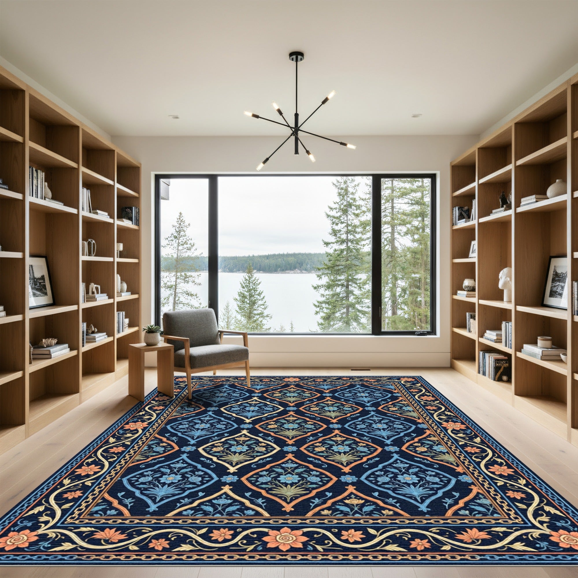 Midnight Navy Floral Damask Medallion Rug