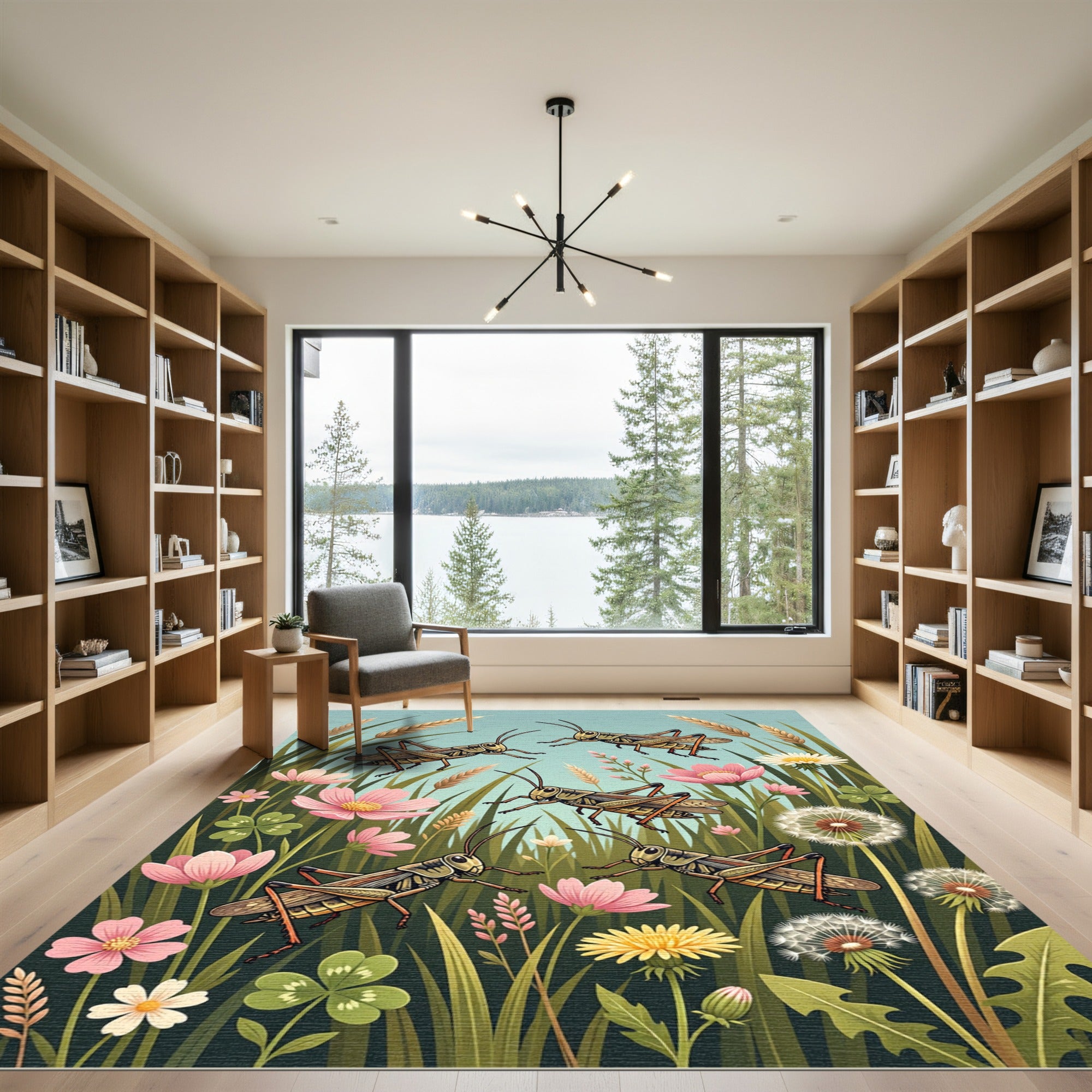 Whimsical Grasshopper Meadow Wildflower Illustration Rug