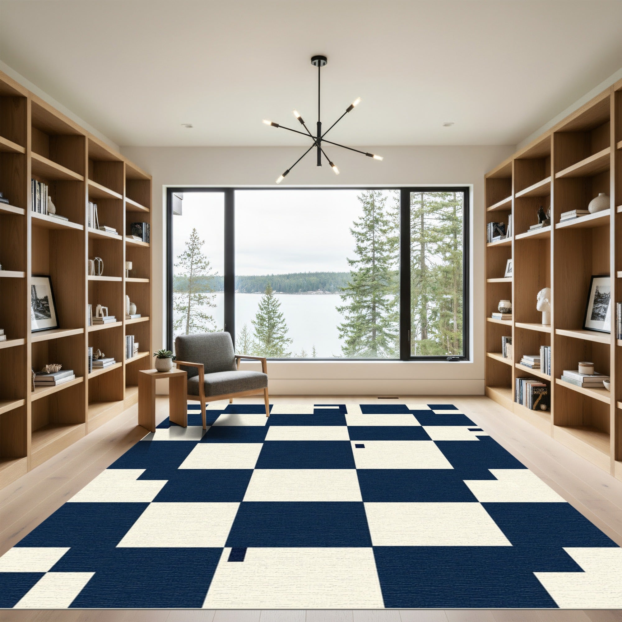 Minimalist Navy and Cream Grid Rug