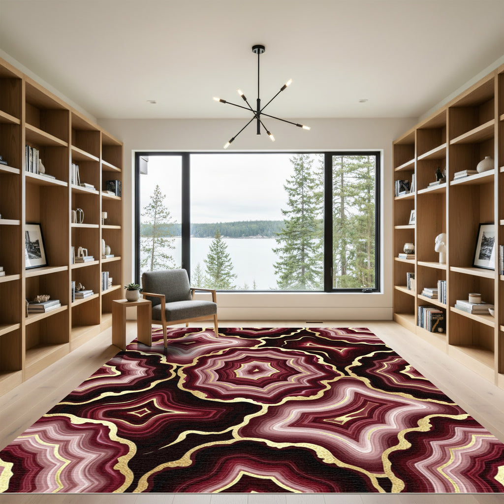 Crimson Geode Slices Gold Veined Rug