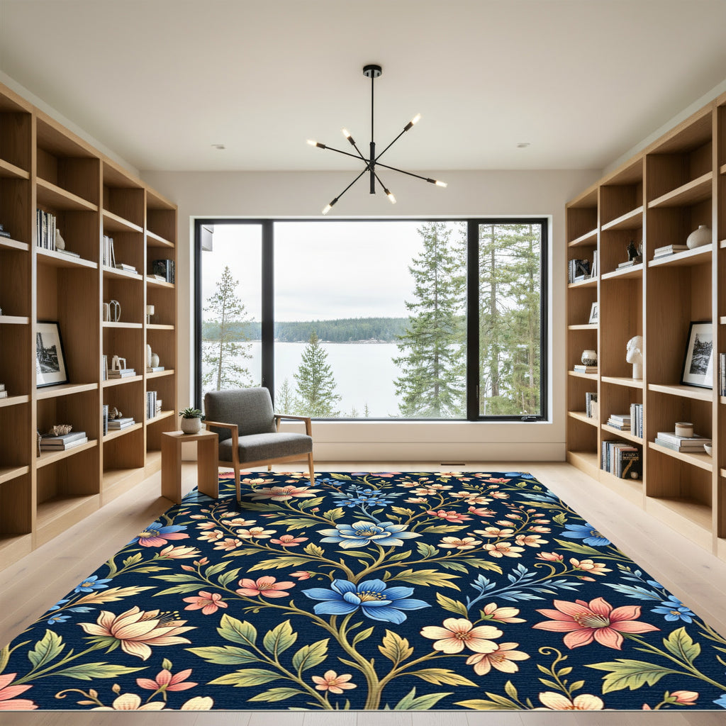 Midnight Navy Floral Meadow Garden Rug