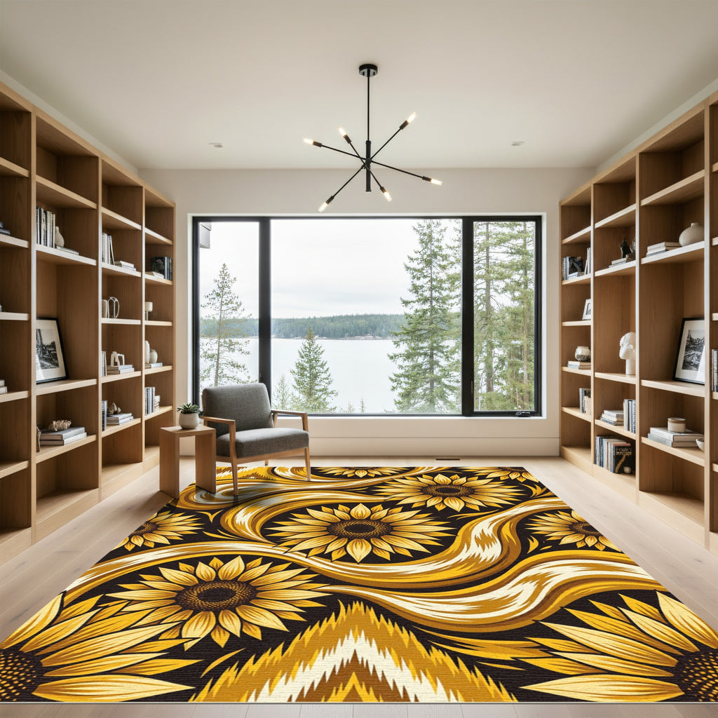 Golden Sunflower Swirl Floral Art Rug