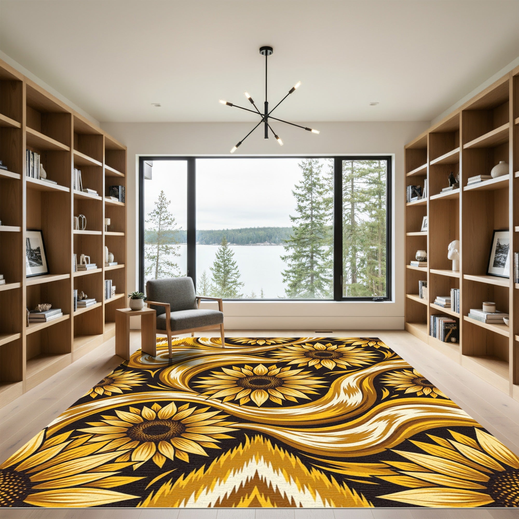 Golden Sunflower Swirl Floral Art Rug