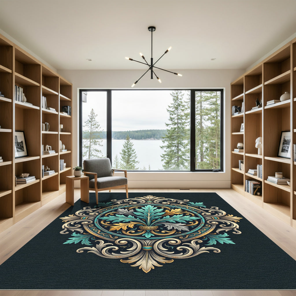 Ornate Teal Gold Acanthus Medallion Rug