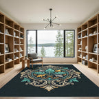 Ornate Teal Gold Acanthus Medallion Rug