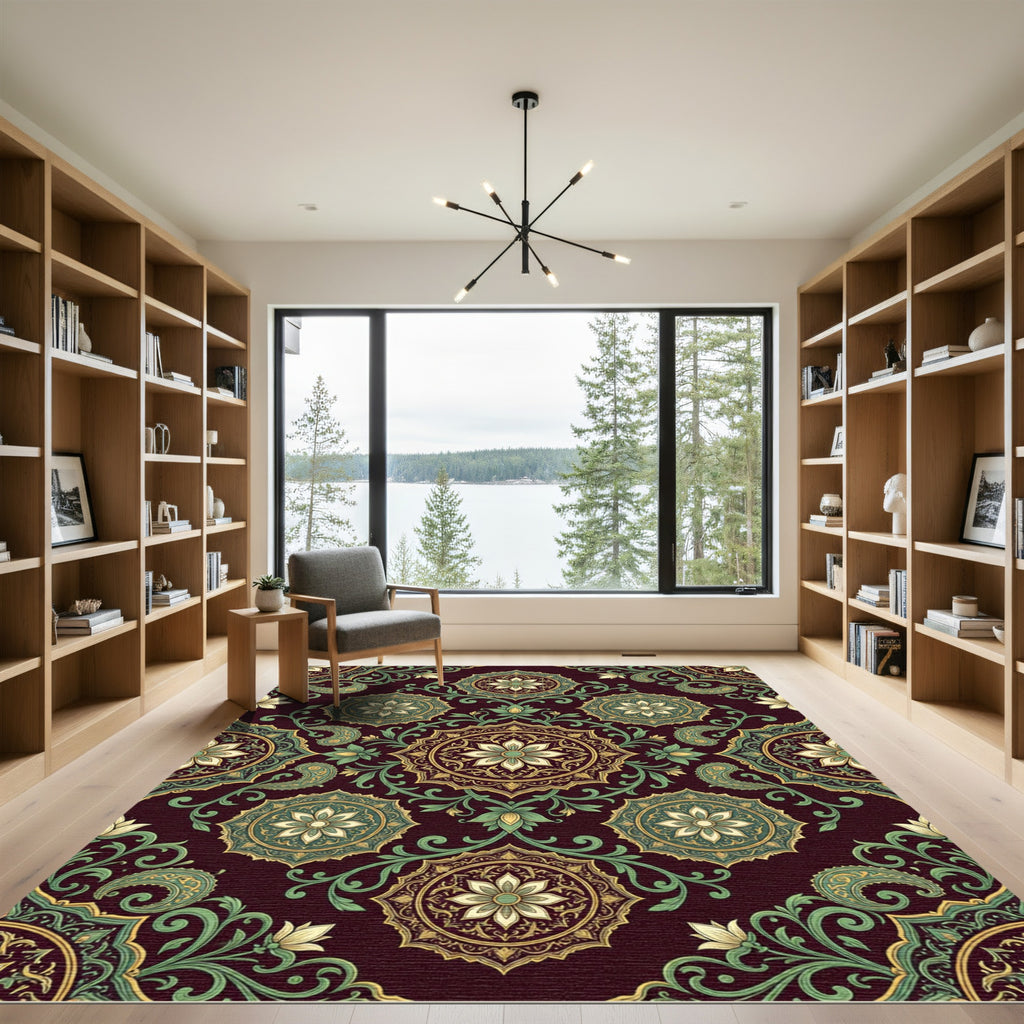 Elegant Burgundy Floral Gold Medallion Rug