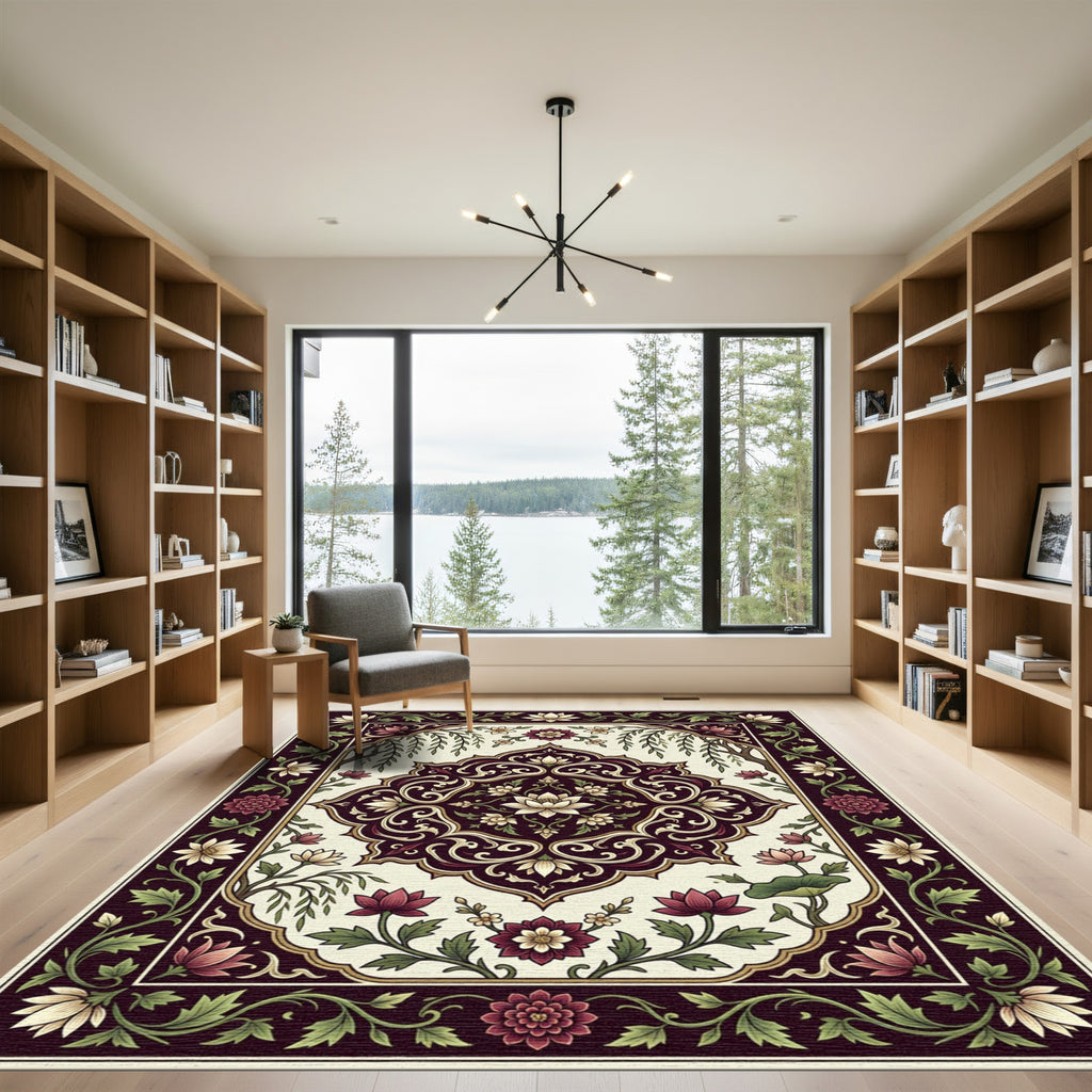 Elegant Cranberry Floral Lotus Medallion Rug