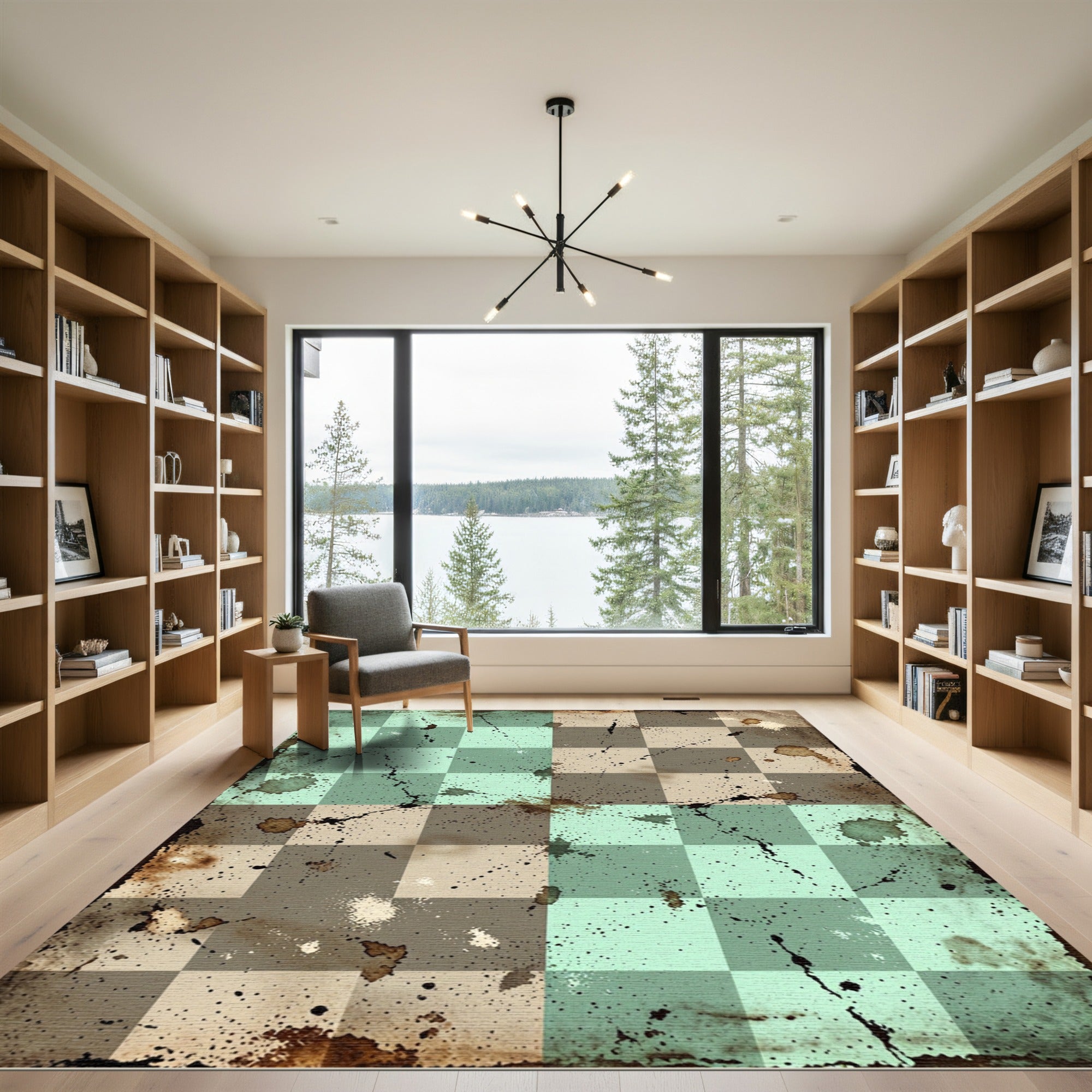 Distressed Teal and Taupe Checkered Grid Rug