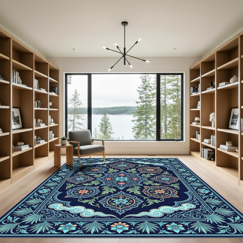 Dark Blue Floral Medallion Cloud Rug
