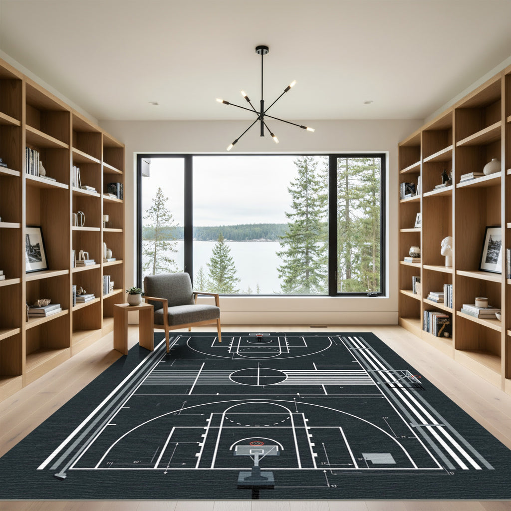 Minimalist Monochrome Basketball Court Graphic Rug