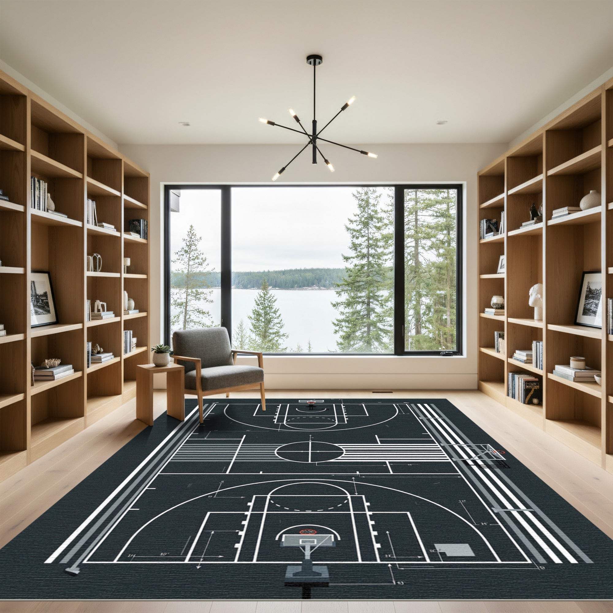 Minimalist Monochrome Basketball Court Graphic Rug