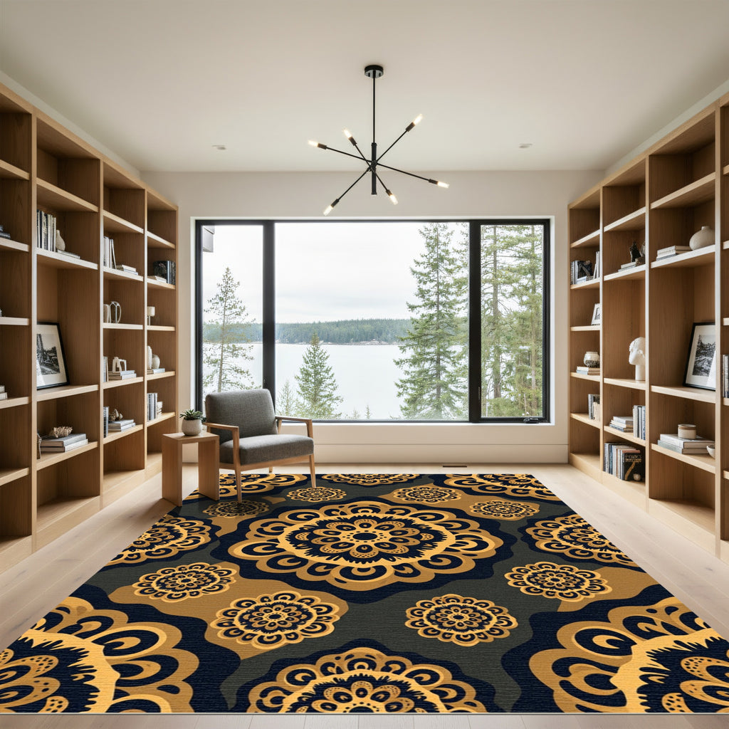 Ornate Golden Black Medallion Mandala Rug