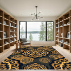 Ornate Golden Black Medallion Mandala Rug