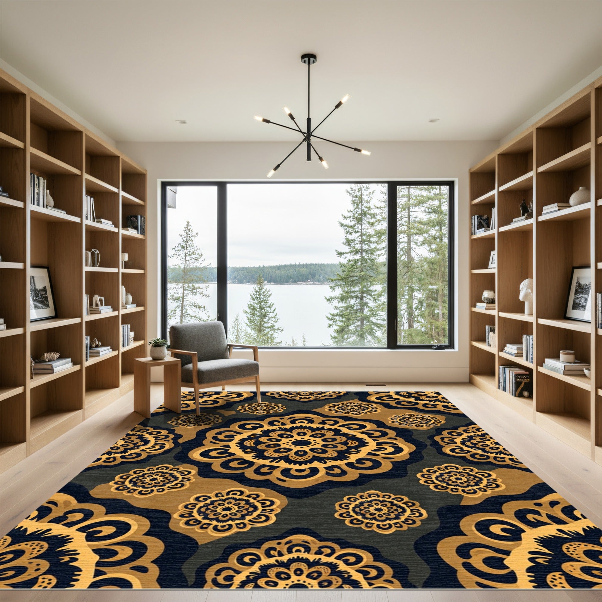 Ornate Golden Black Medallion Mandala Rug
