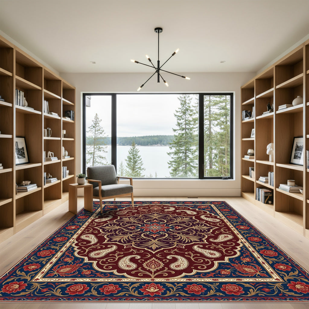 Deep Burgundy Paisley Floral Medallion Rug