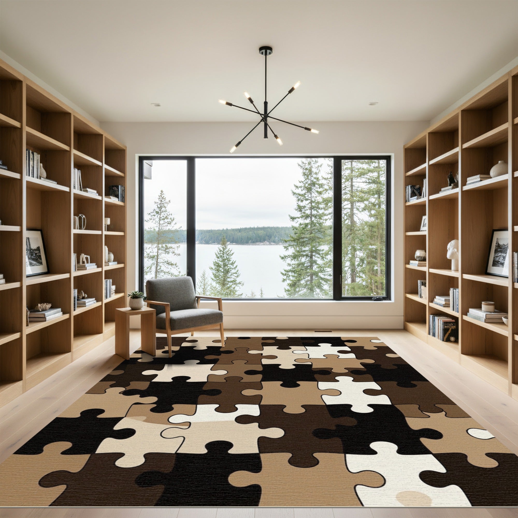 Abstract Neutral Toned Modern Puzzle Art Rug