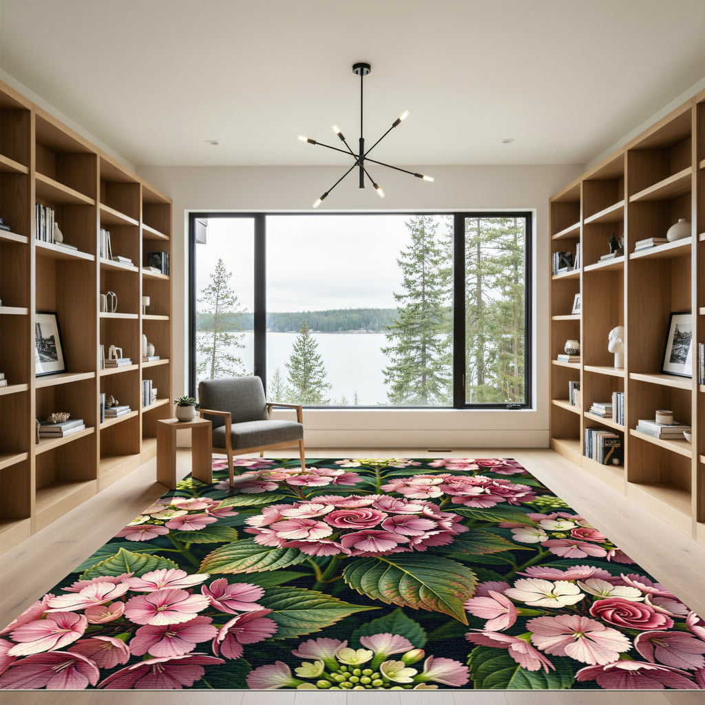 Blush Pink Hydrangea Botanical Floral Garden Rug