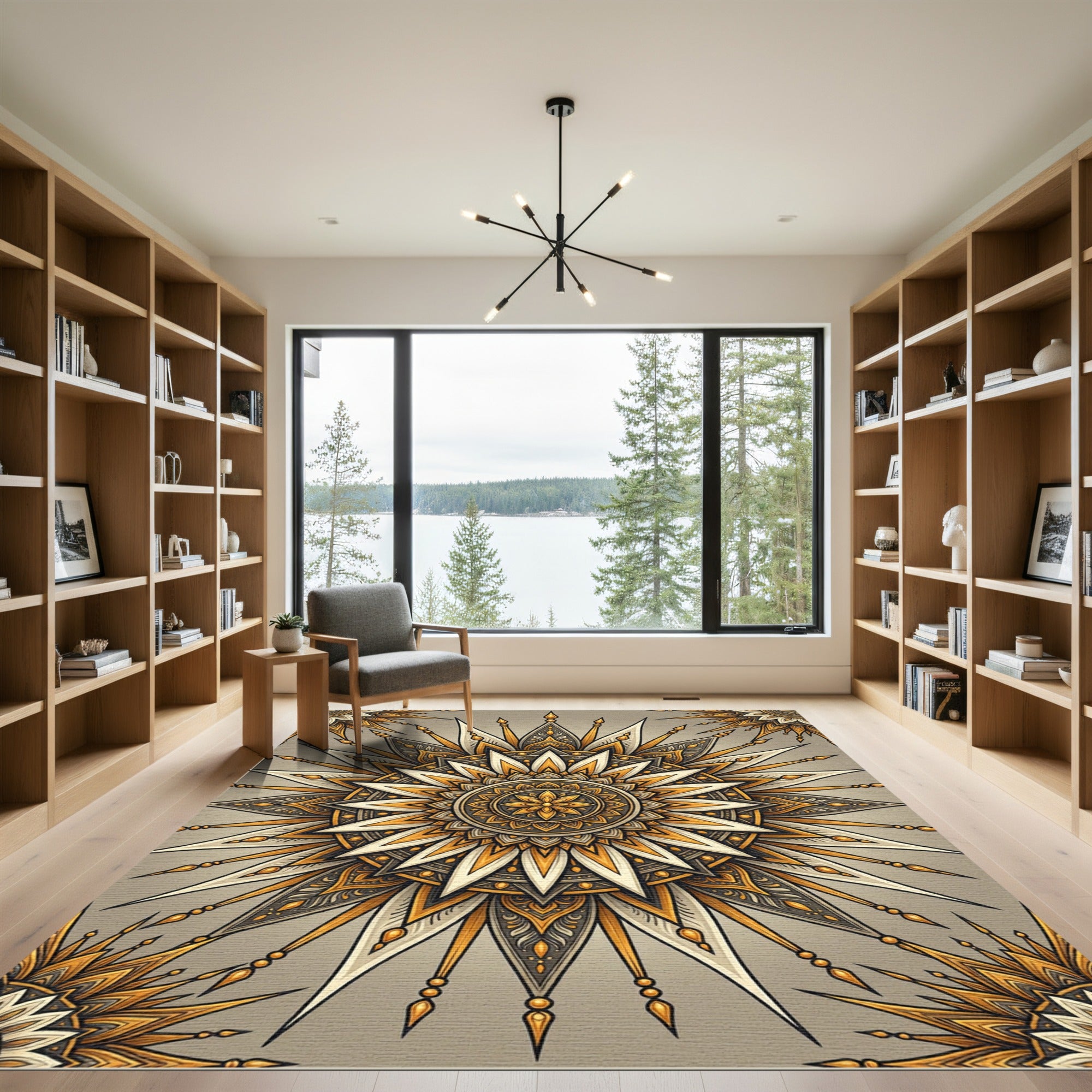 Intricate Sunburst Mandala Ochre Rug