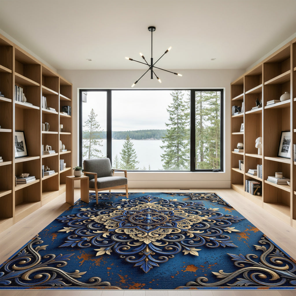 Elaborate Cobalt Golden Acanthus Mandala Rug