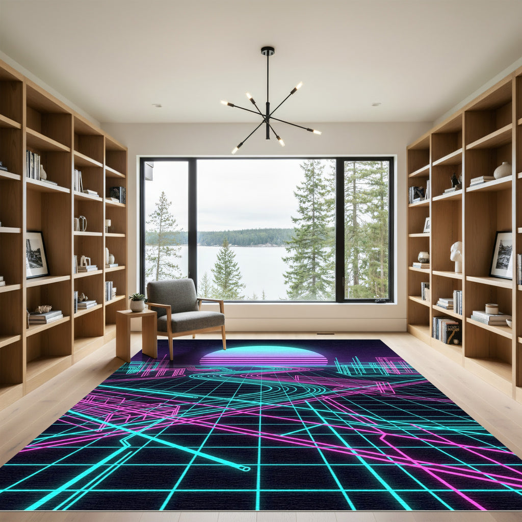 Neon Vaporwave Synthwave City Landscape Rug