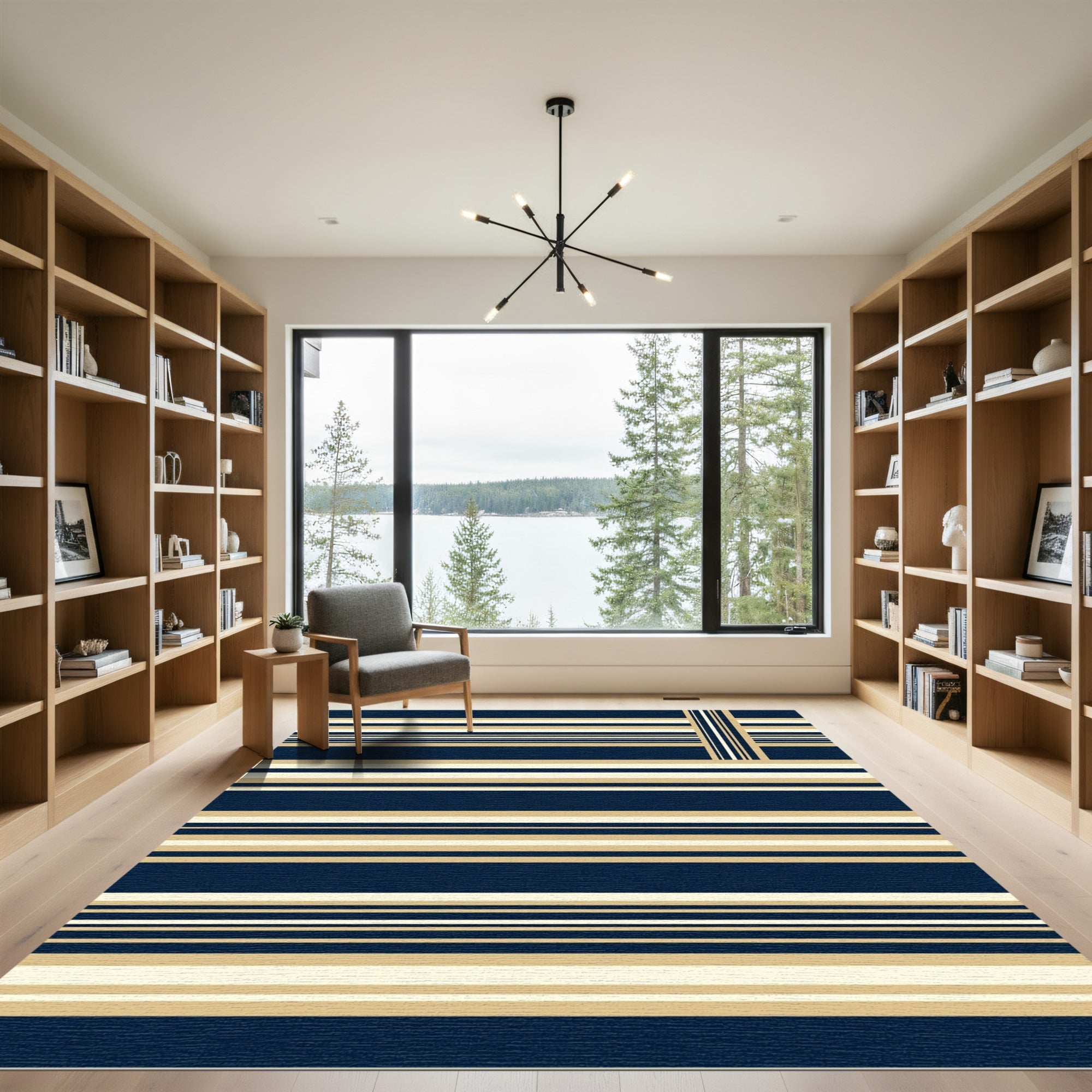 Modern Navy and Gold Horizontal Stripes Rug