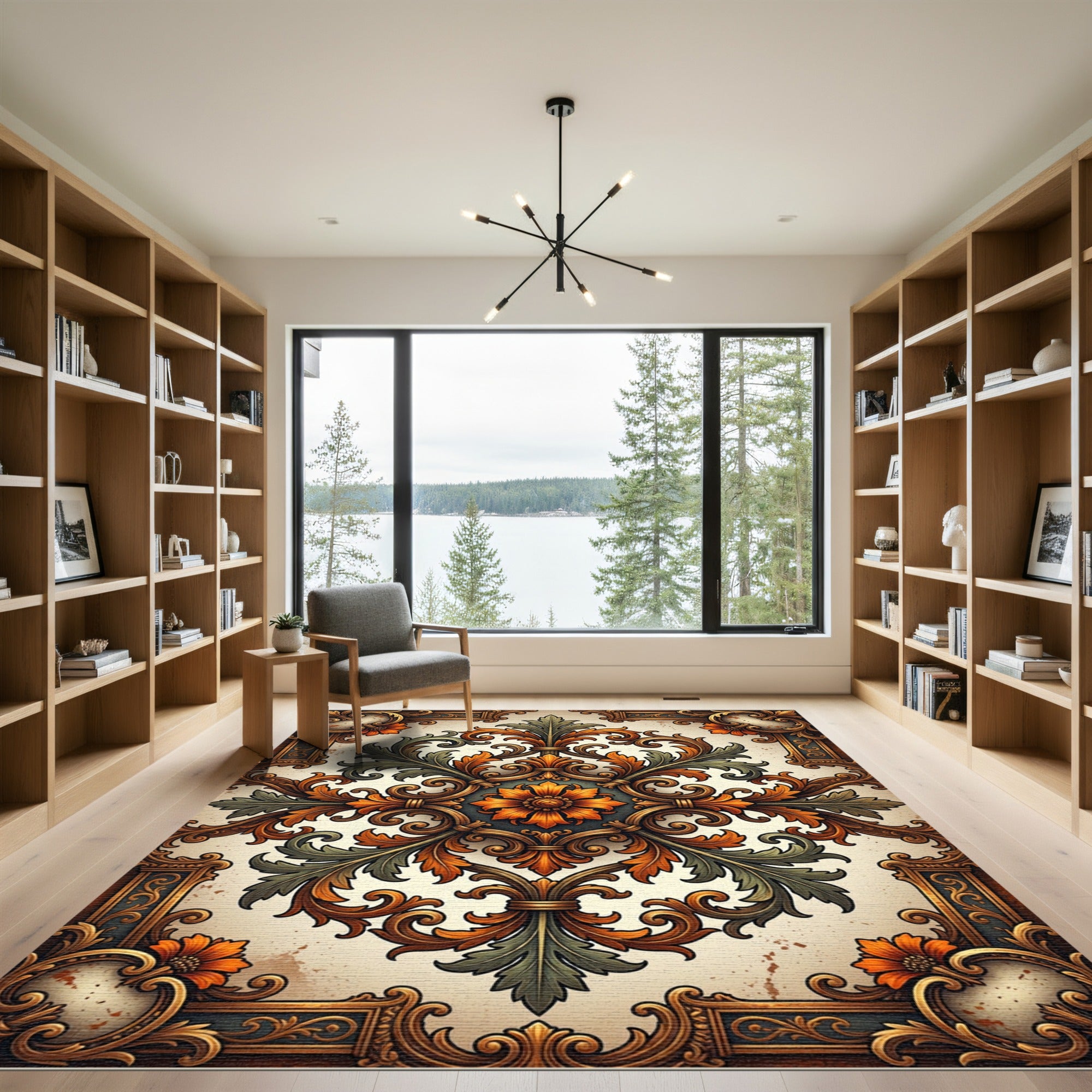 Ornate Golden Amber Acanthus Scroll Tapestry Rug
