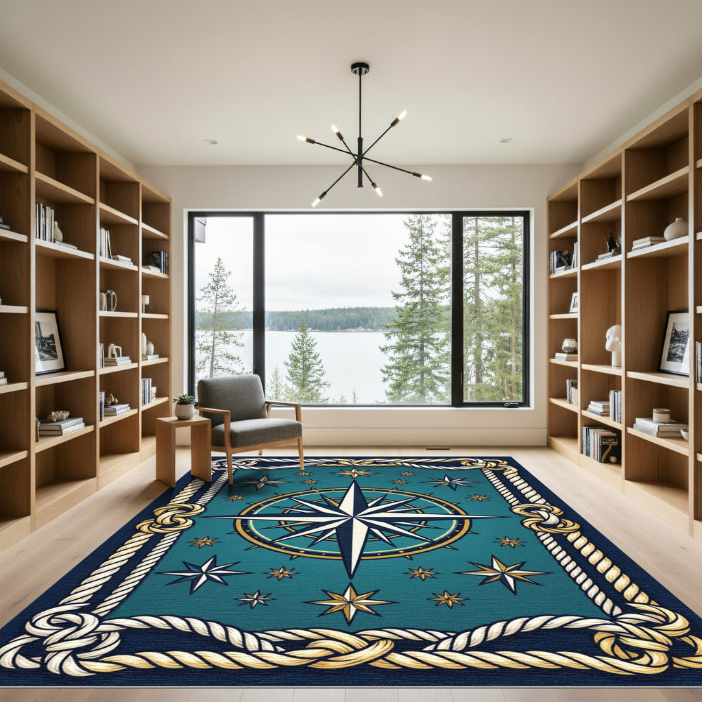 Nautical Star Compass Nautical Rope Border Rug