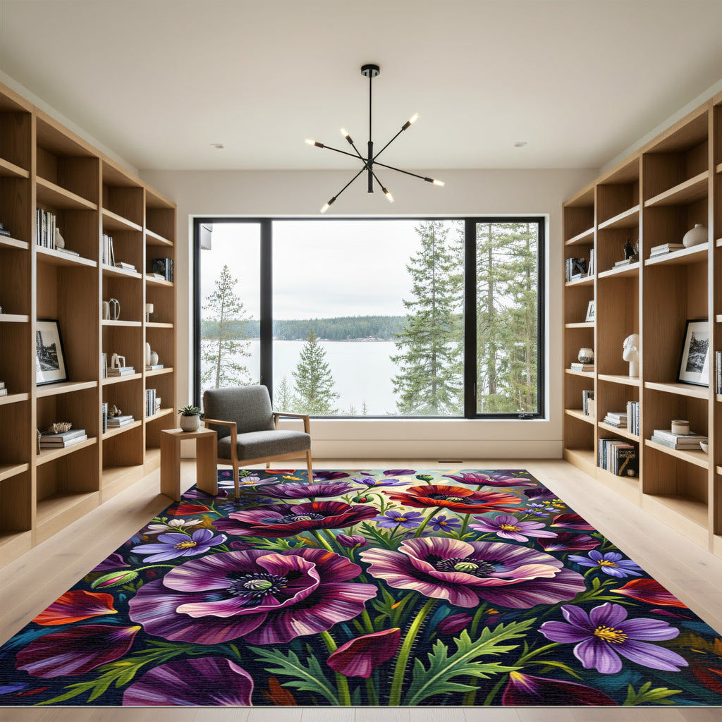 Vibrant Purple Red Poppy Floral Rug