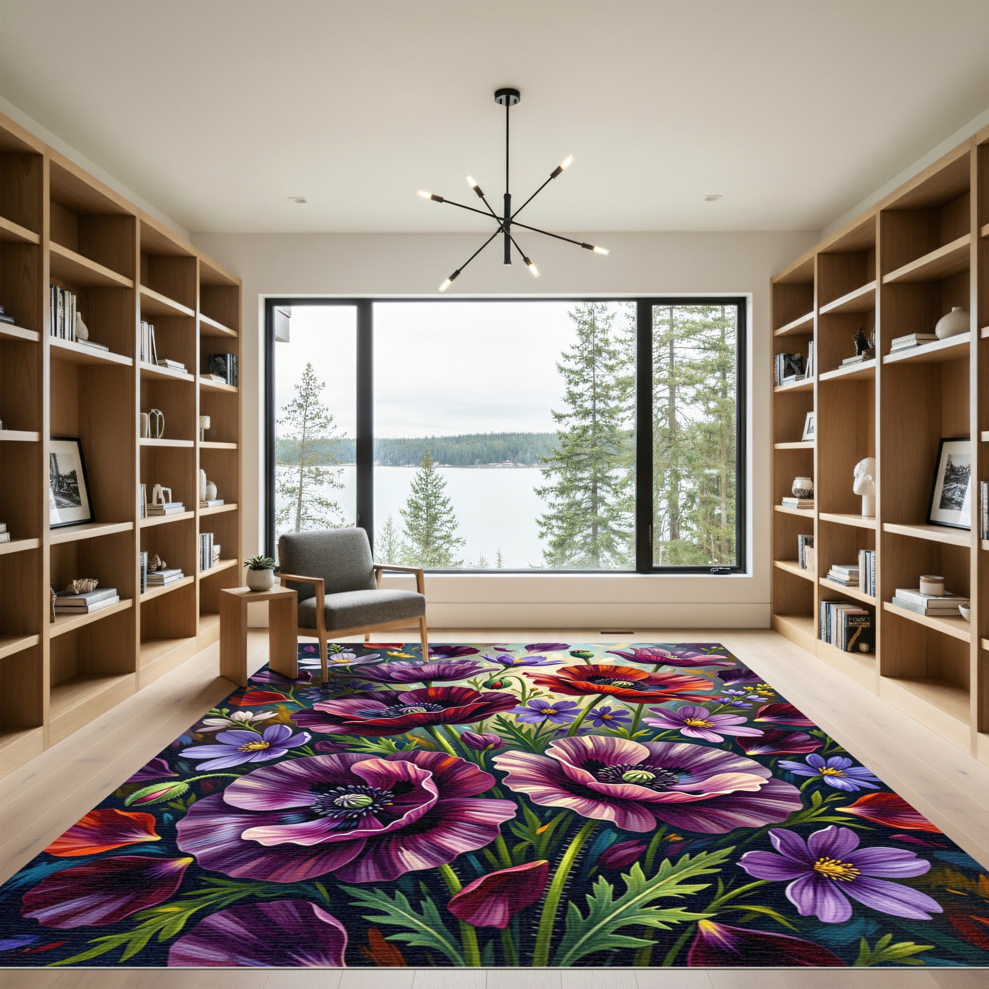 Vibrant Purple Red Poppy Floral Rug