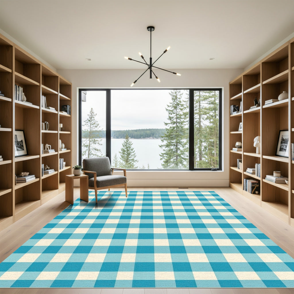 Classic Aqua Gingham Checkered Grid Rug