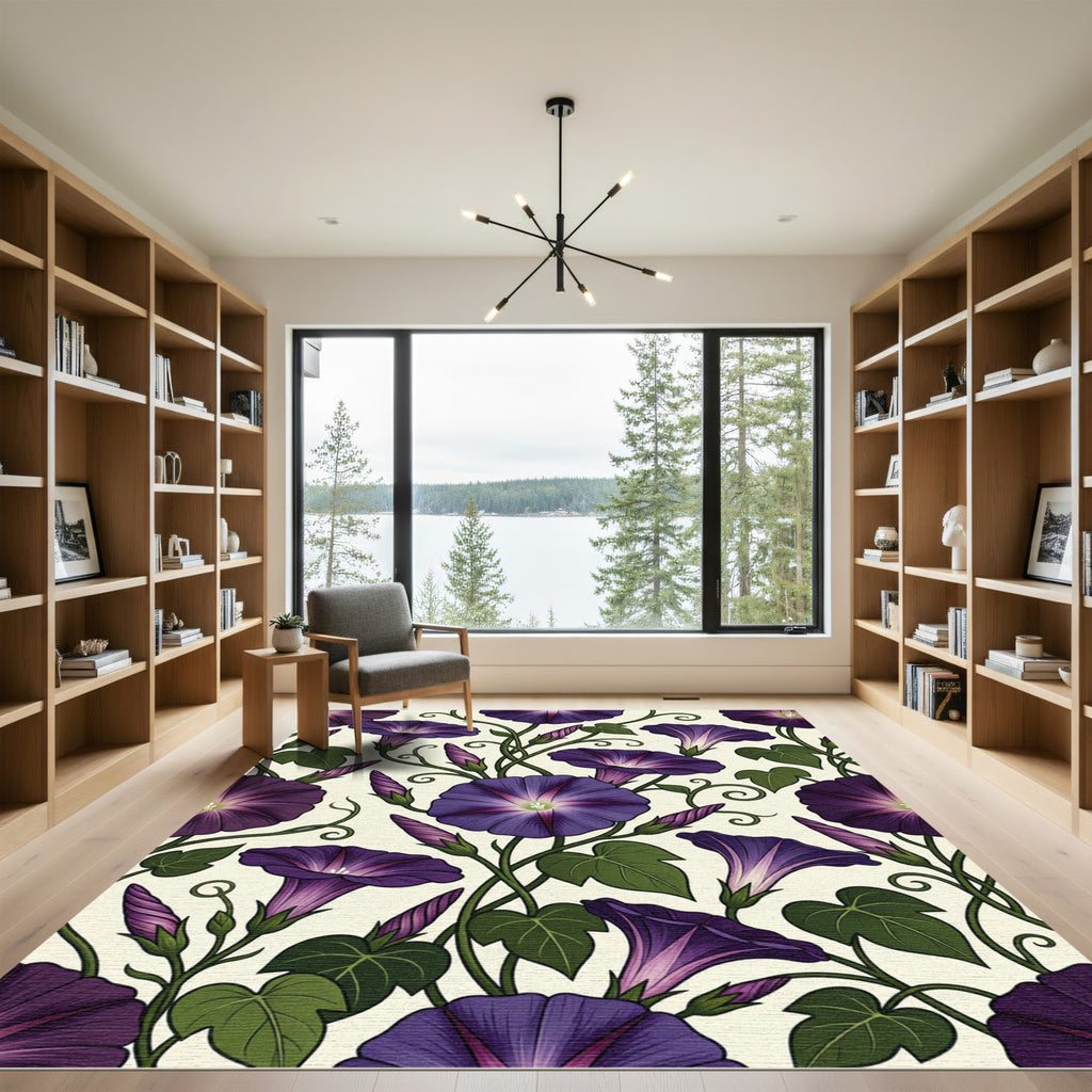 Elegant Deep Purple Morning Glory Floral Rug