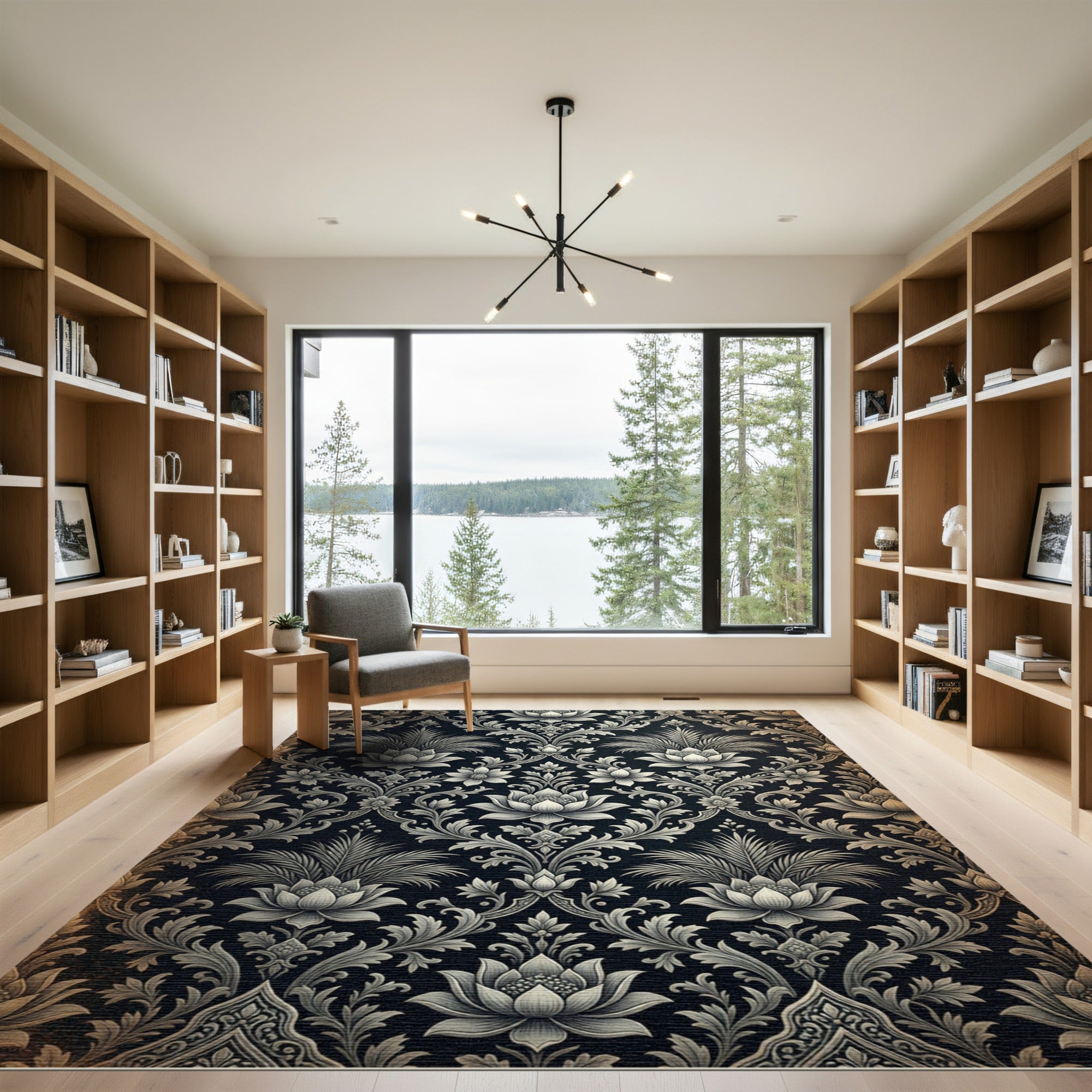 Dark Floral Labyrinth Lotus Crests Rug