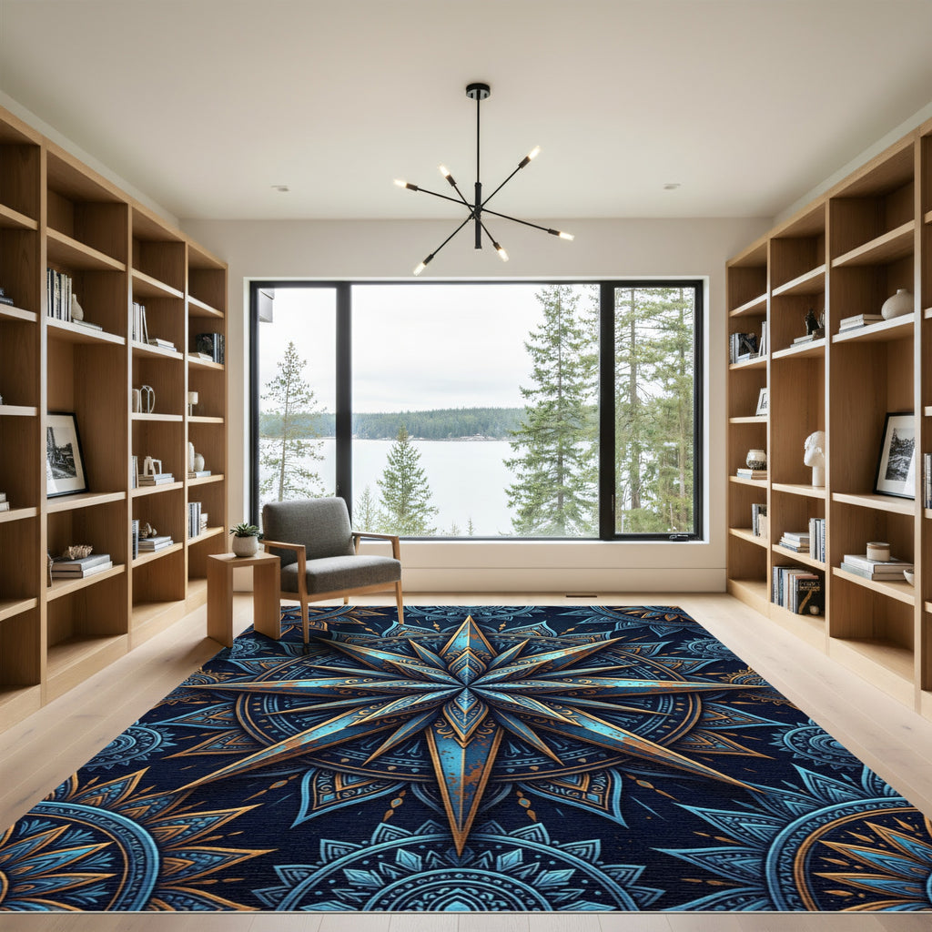 Ornate Blue Gold Mandala Star Rug