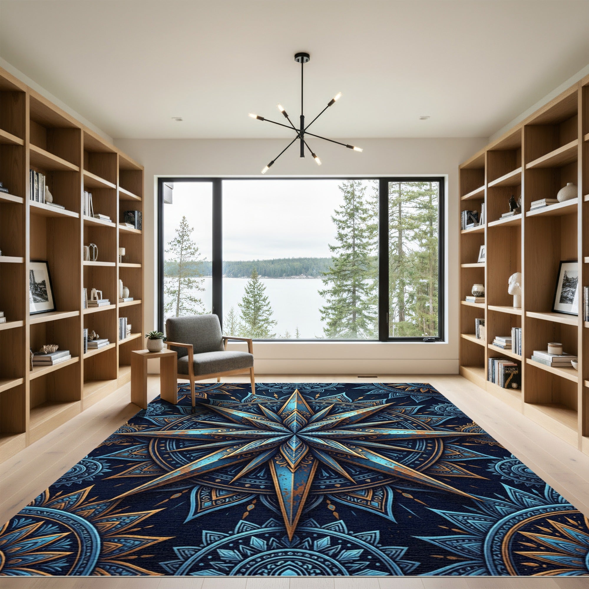 Ornate Blue Gold Mandala Star Rug